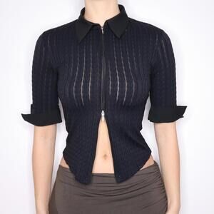 90s French Black Zip Up Blouse (S) 